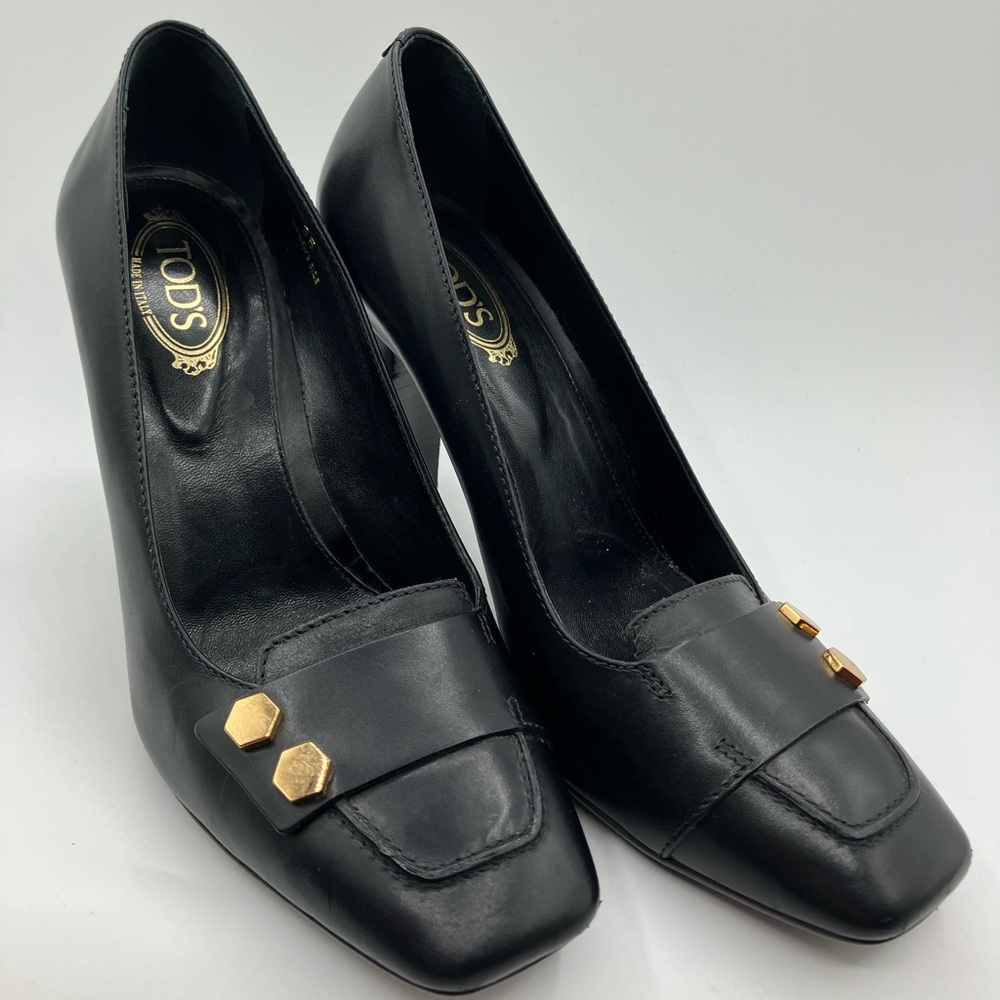Tod`s Black Leather Square Toe Heels Size 35/5 - Picture 7 of 13
